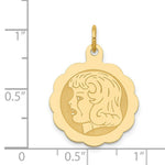 Load image into Gallery viewer, 14K Yellow Gold Girl Head on .013 Gauge Engravable Scalloped Disc Charm 16mm width
