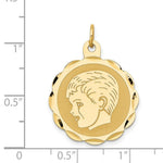 Load image into Gallery viewer, 14K Yellow Gold Boy Head on .011 Gauge Engravable Scalloped Disc Charm 22mm width