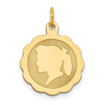 Load image into Gallery viewer, 14K Yellow Gold Girl Head on .013 Gauge Engravable Scalloped Disc Charm 15mm width