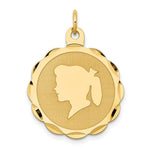 Load image into Gallery viewer, 14K Yellow Gold Girl Head on .011 Gauge Engravable Scalloped Disc Charm 22mm width