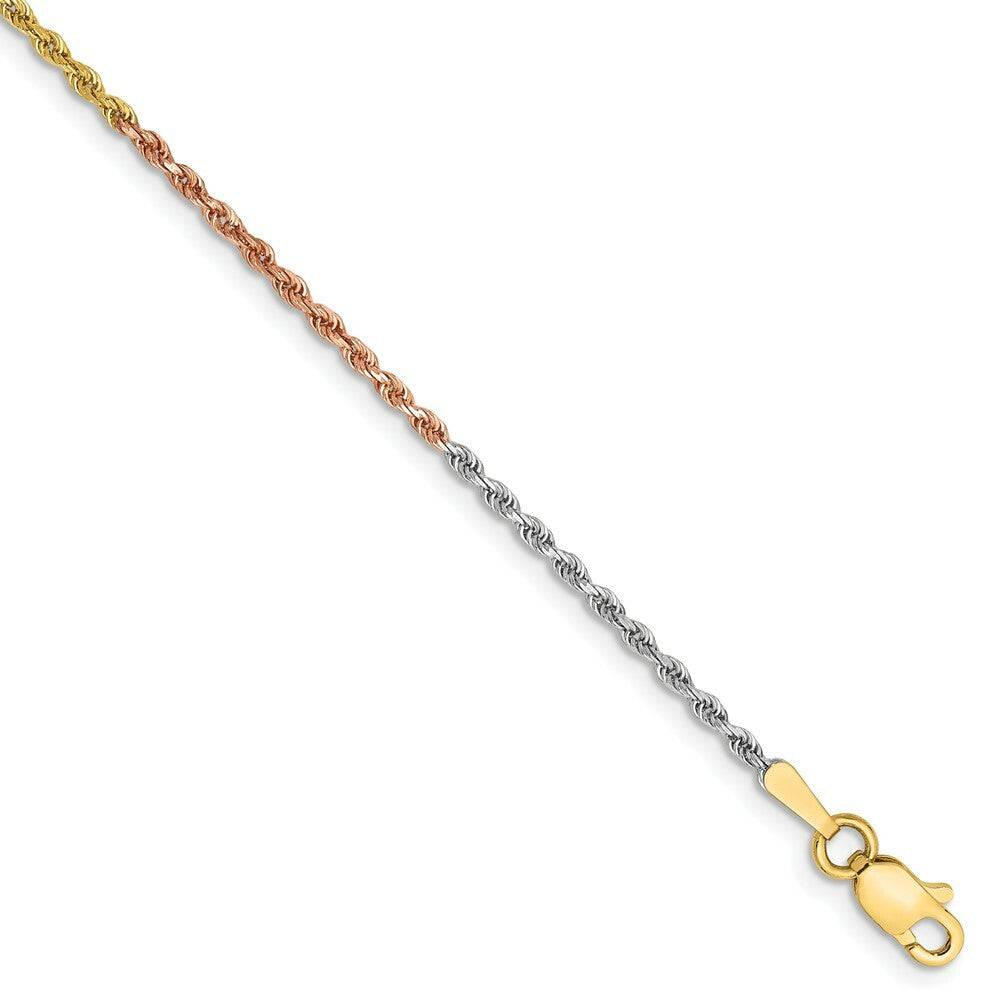 14K Tri-Color Gold 1.5mm Diamond-cut Rope Chain Anklet  Length 9'' inches