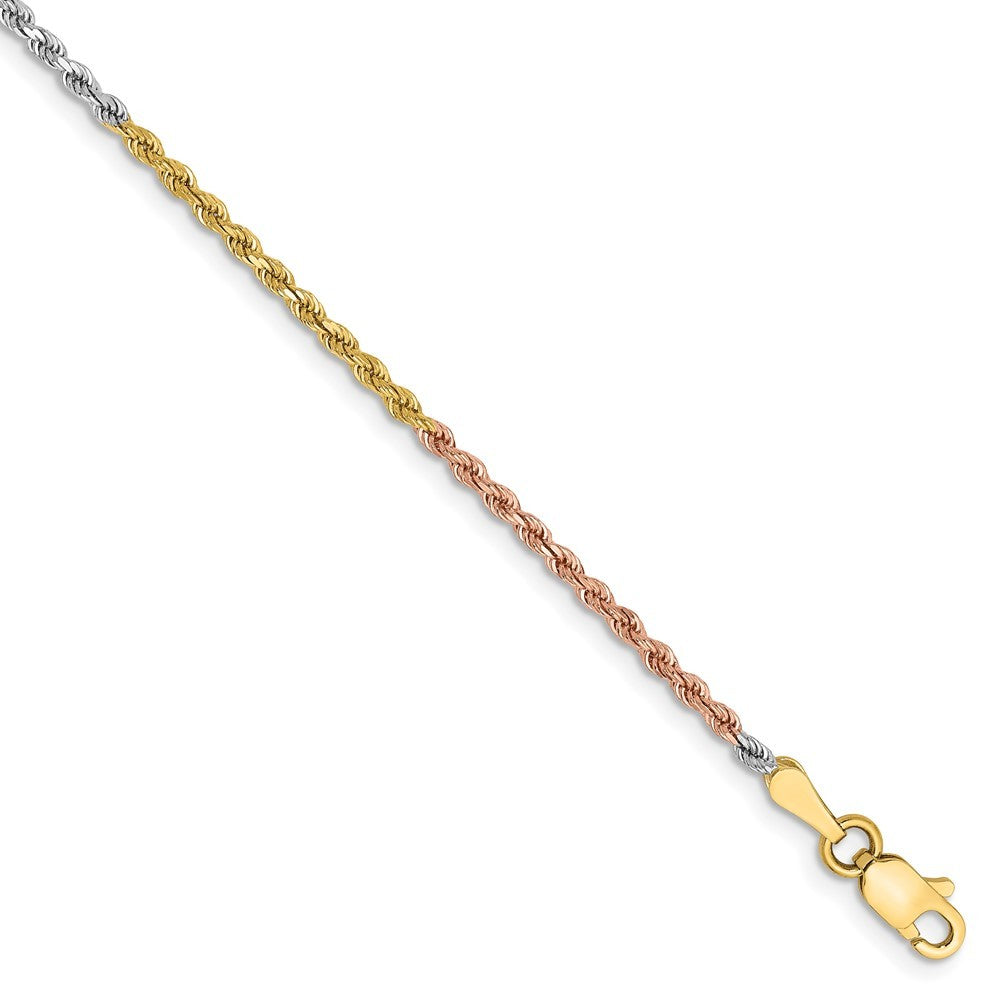 14K Tri-Color Gold 1.8mm Diamond-cut Rope Chain Bracelet  Length 7'' inches