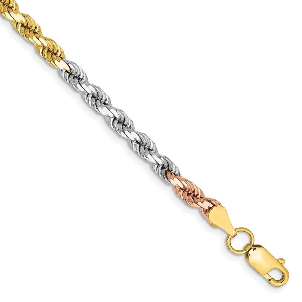 14K Tri-Color Gold 4mm Diamond-cut Rope Chain Bracelet  Length 7'' inches