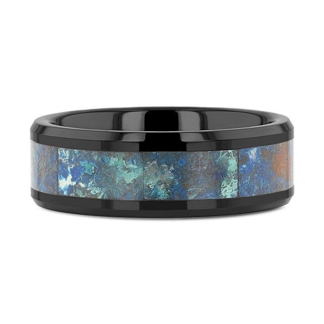 Mens Black Beveled Ceramic Polished Chrysocolla Inlay Wedding Ring - 8mm Wide - Style name: CELADON