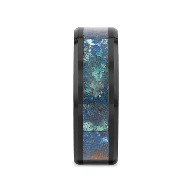 Mens Black Beveled Ceramic Polished Chrysocolla Inlay Wedding Ring - 8mm Wide - Style name: CELADON