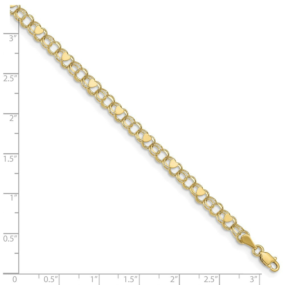 10K Yellow Gold Double Link Heart Charm Bracelet  length: 7 inches
