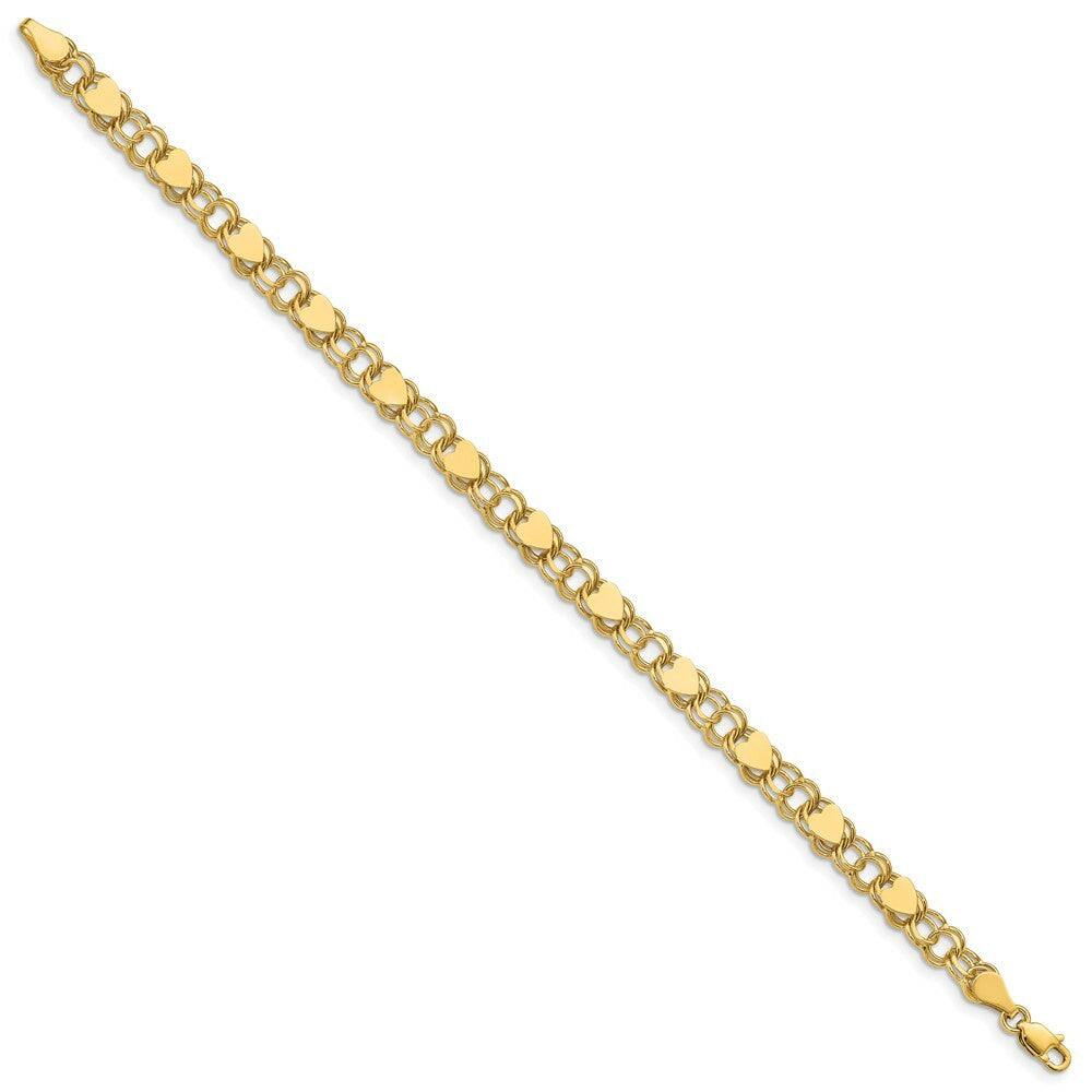 10K Yellow Gold Double Link with Hearts Charm Bracelet  length: 7 inches