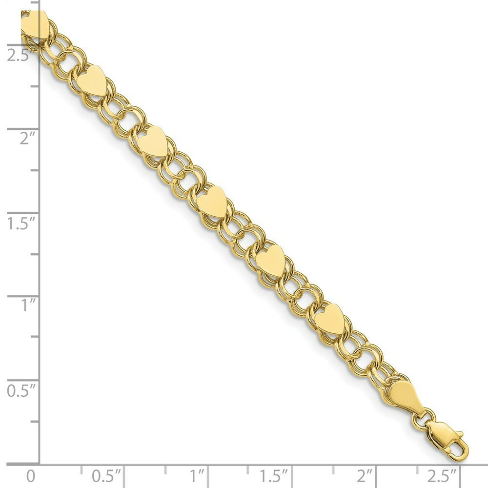 10K Yellow Gold Double Link with Hearts Charm Bracelet  length: 7 inches