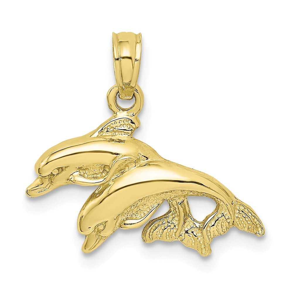 10K Yellow White Gold Polished Double Dolphins Jumping Left Charm Pendant