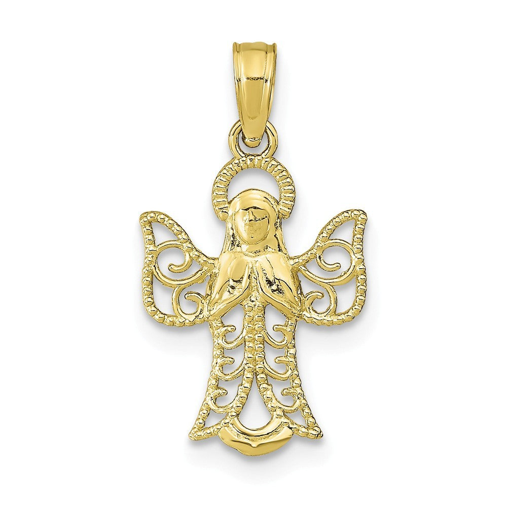 10K Yellow White Gold Angel With Filigree Cou-out Wings Textured