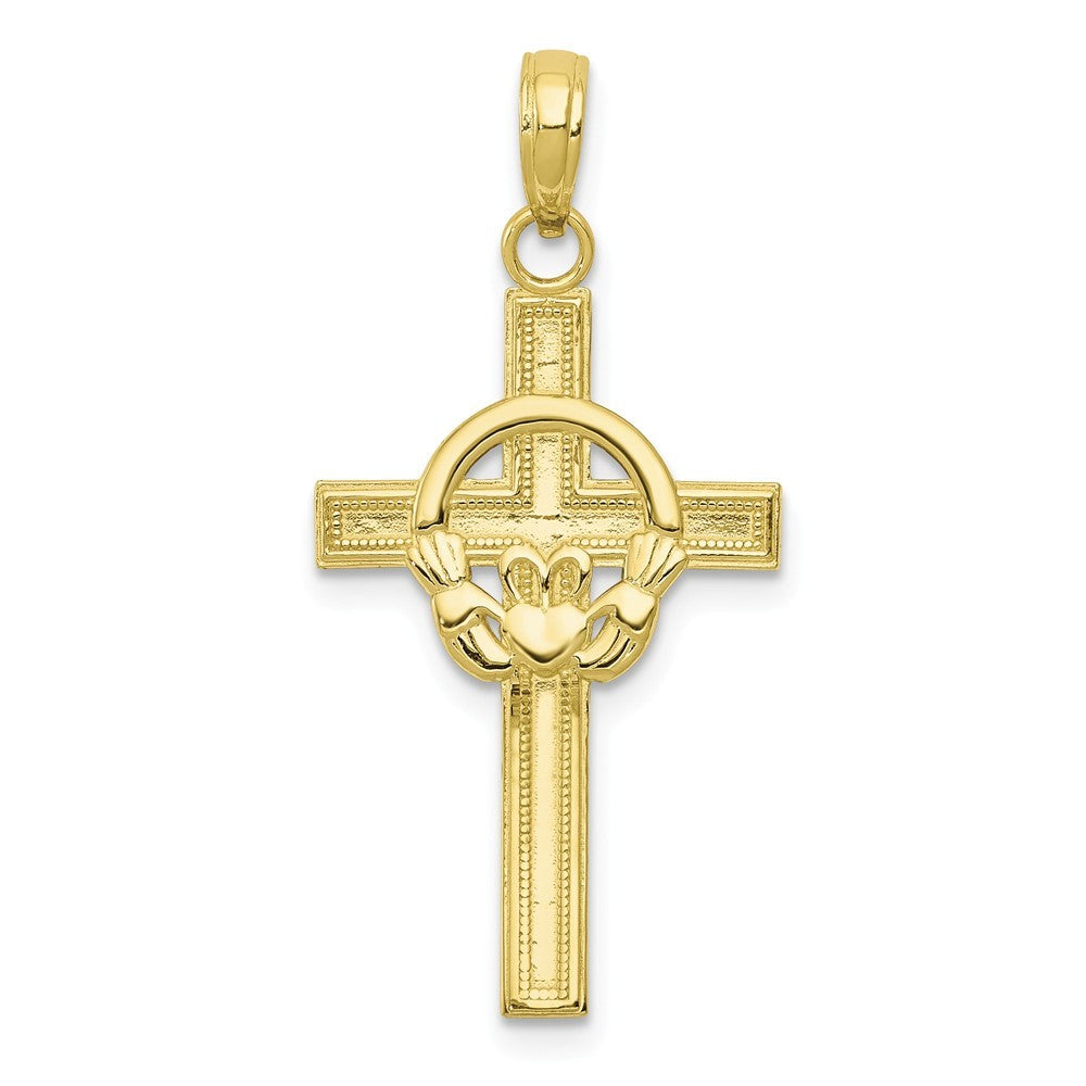 10K Yellow White Gold Polished Claddagh Cross Pendant