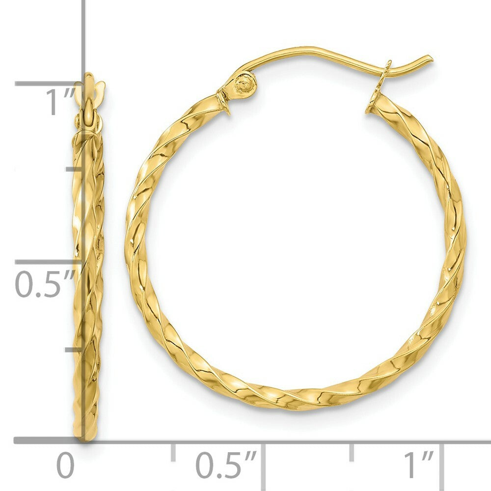 10K Yellow White Gold Twist Polished 25mm Hoop 1 inch Size Earring