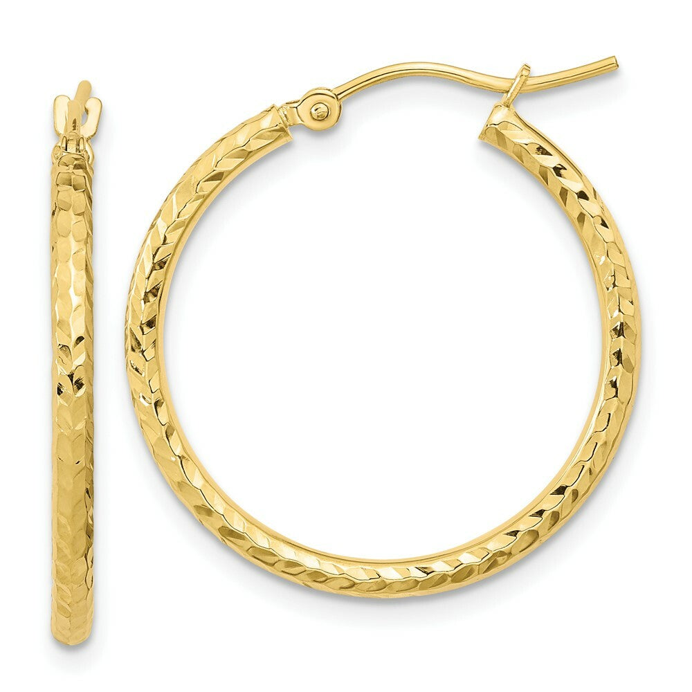 10K Yellow White Gold Diamond-cut 2mm Round Tube Hoop Earrings