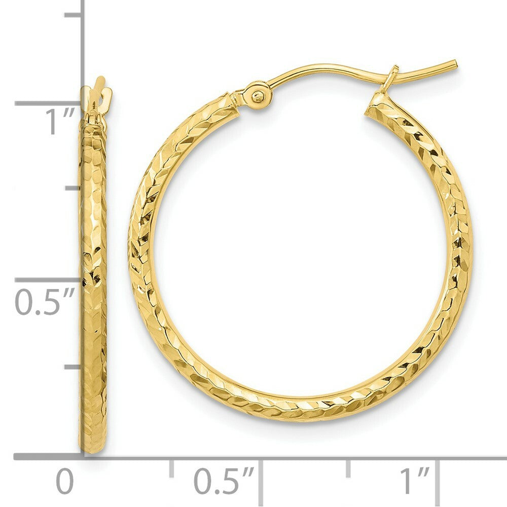10K Yellow White Gold Diamond-cut 2mm Round Tube Hoop Earrings