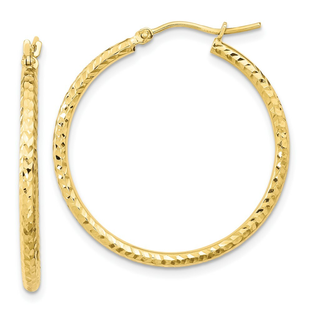 10K Yellow White Gold Diamond-cut 2mm Round Tube Hoop Earrings