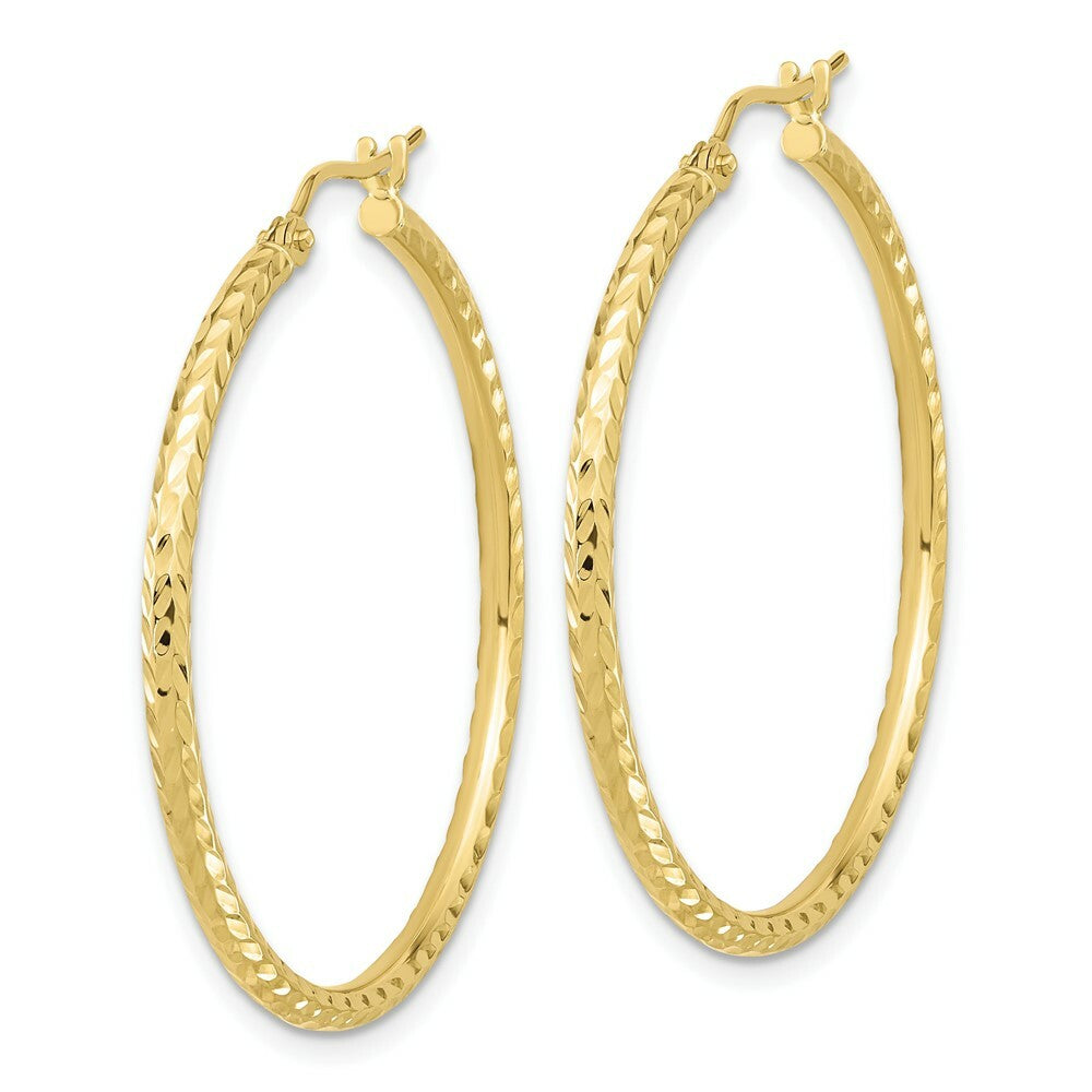10K Yellow White Gold Diamond-cut 2x35mm Round Tube Hoop Earrings