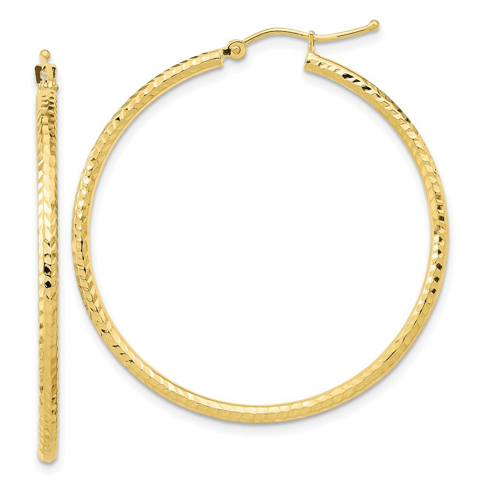 10K Yellow White Gold Diamond-cut 2mm Round Tube Hoop Earrings