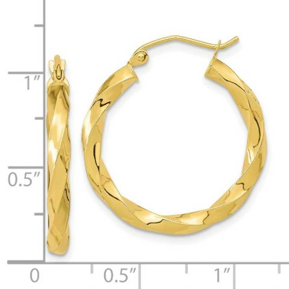 10k Yellow White Gold 3x25mm Twisted Hoop Earrings