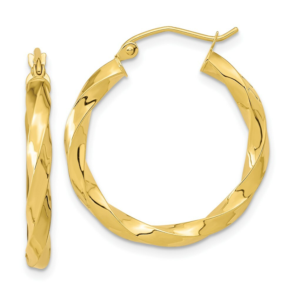 10k Yellow White Gold 3x25mm Twisted Hoop Earrings