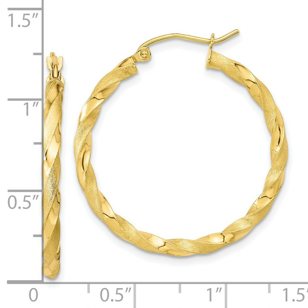 10k Yellow White Gold Polished & Satin Twisted Hoop Earrings