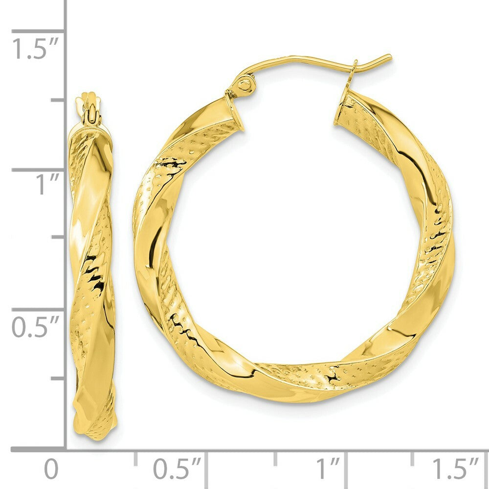 10k Yellow White Gold Polished & Textured Twist Hoop Earrings
