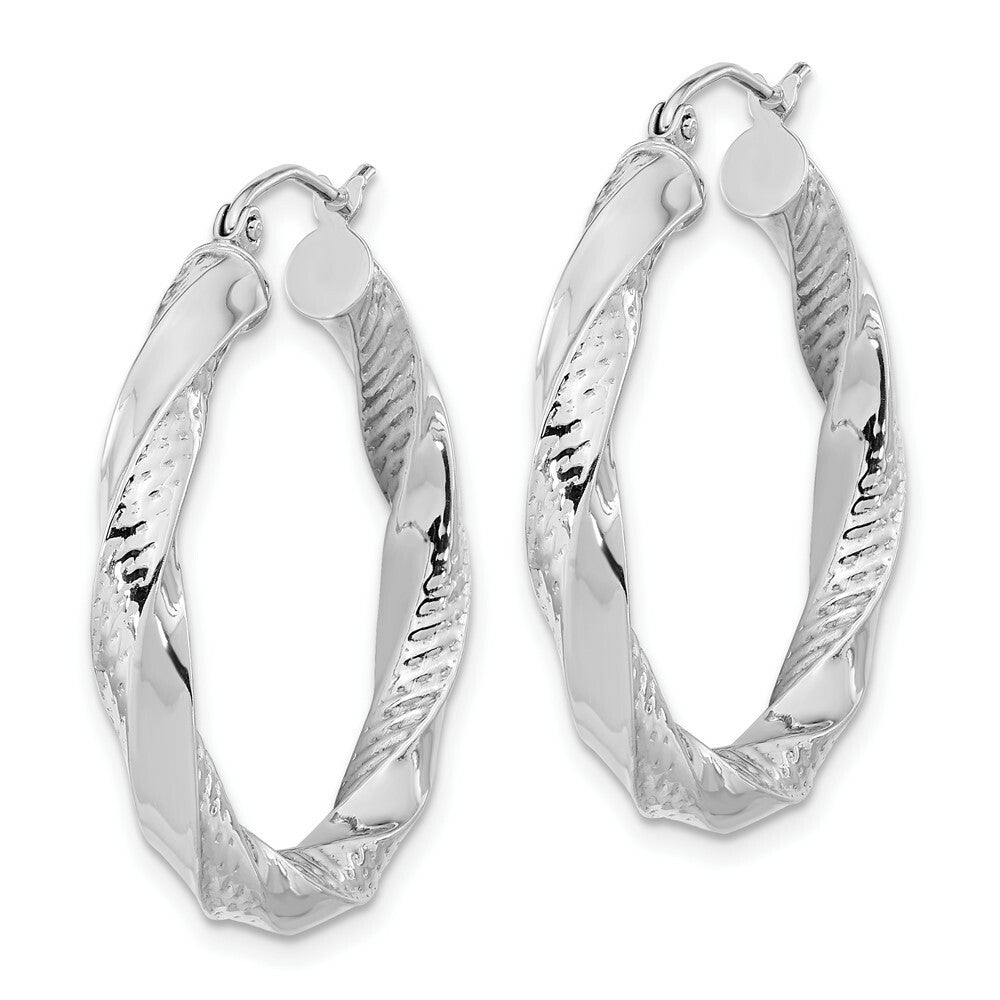 10k Yellow White Gold Polished & Textured Twist Hoop Earrings