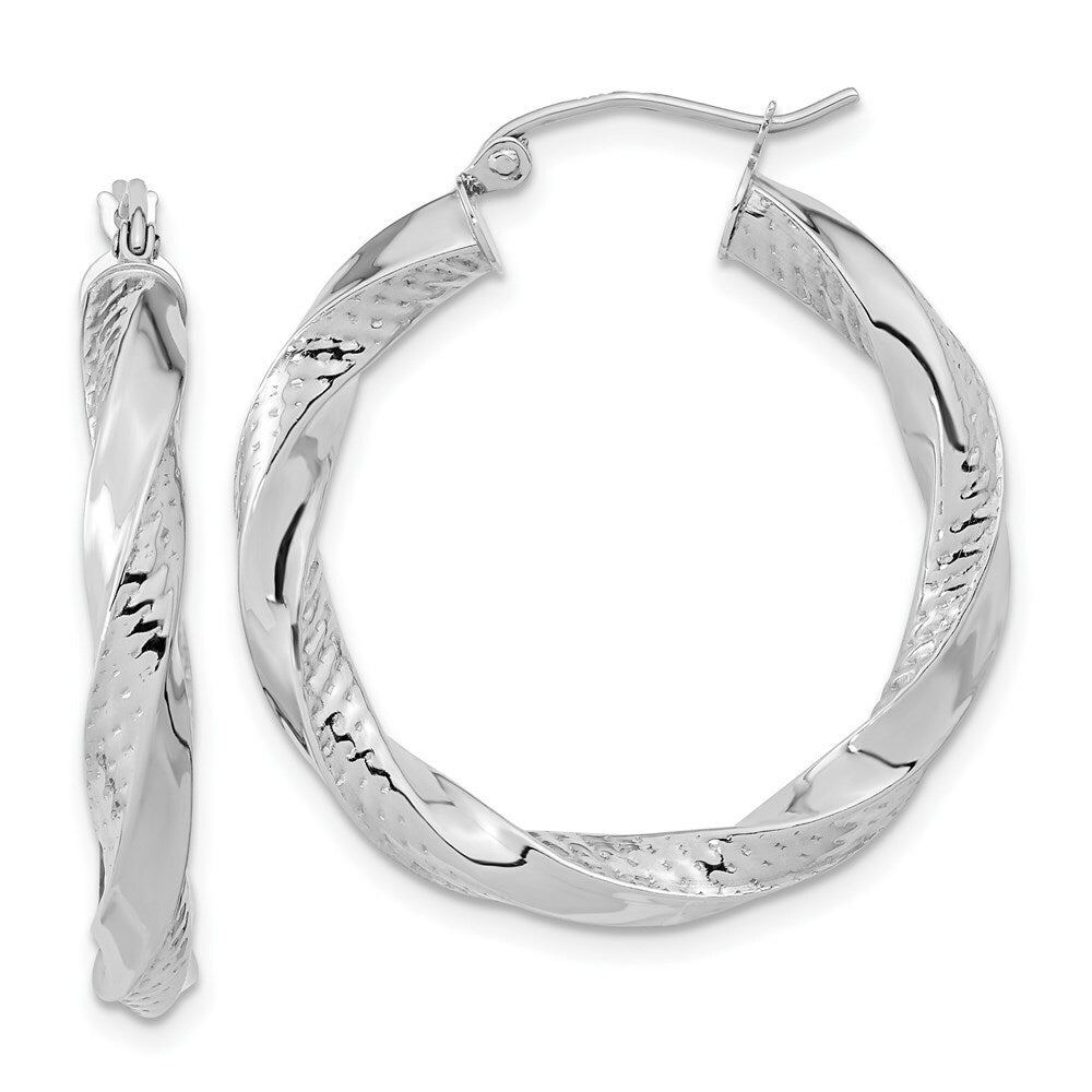10k Yellow White Gold Polished & Textured Twist Hoop Earrings