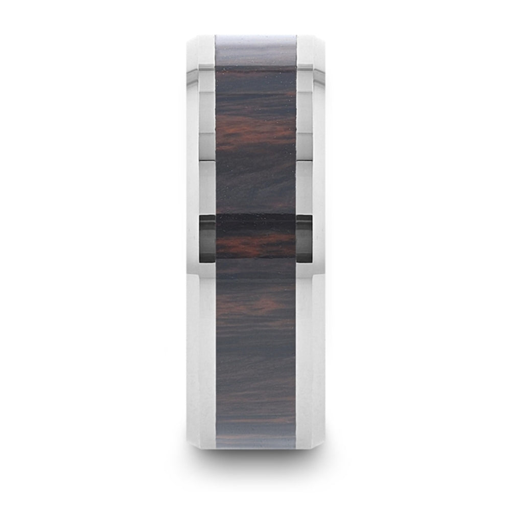 Mens Comfort Fit Tungsten Carbide Wedding Band Ring - Mahogany Obsidian Inlaid - Polished Beveled Edges - 8mm - Style name: AZTEC - Lifetime Warranty