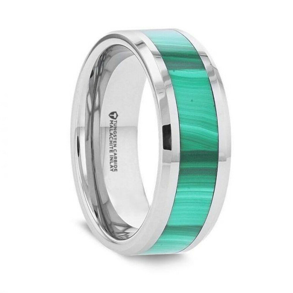 Mens Malachite Inlay Tungsten Carbide Polished Beveled Edges Wedding Band - 8mm Wide - Style name: MAHI