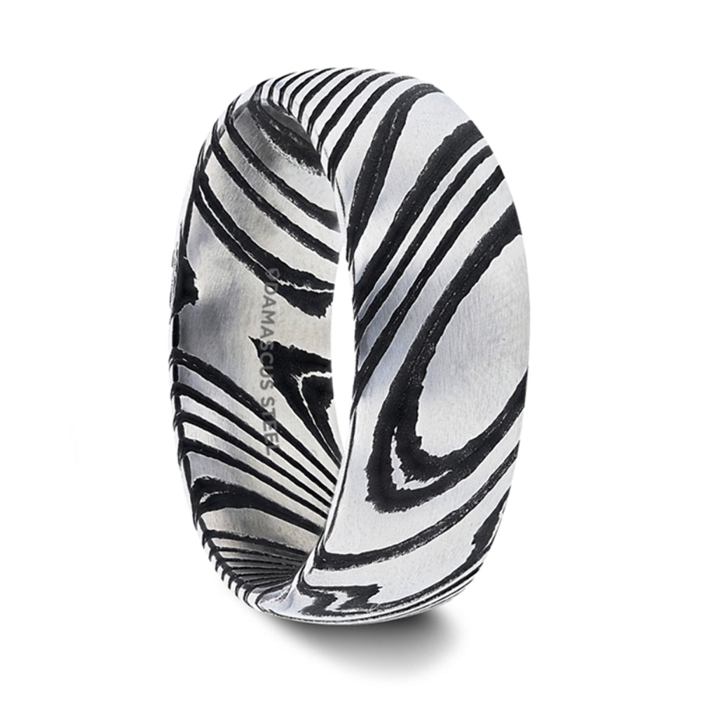 Mens Comfort Fit -Black Domed Brushed Damascus Steel Wedding Band - Vivid Etched Design - 6mm 8mm Wide - Style name: STARK