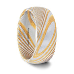 Load image into Gallery viewer, Mens Comfort Fit Gold Color Domed Brushed Damascus Steel Wedding Band - A Vivid Etched Design - 6mm 8mm Wide - Style name: CERSEI - Lifetime Warranty
