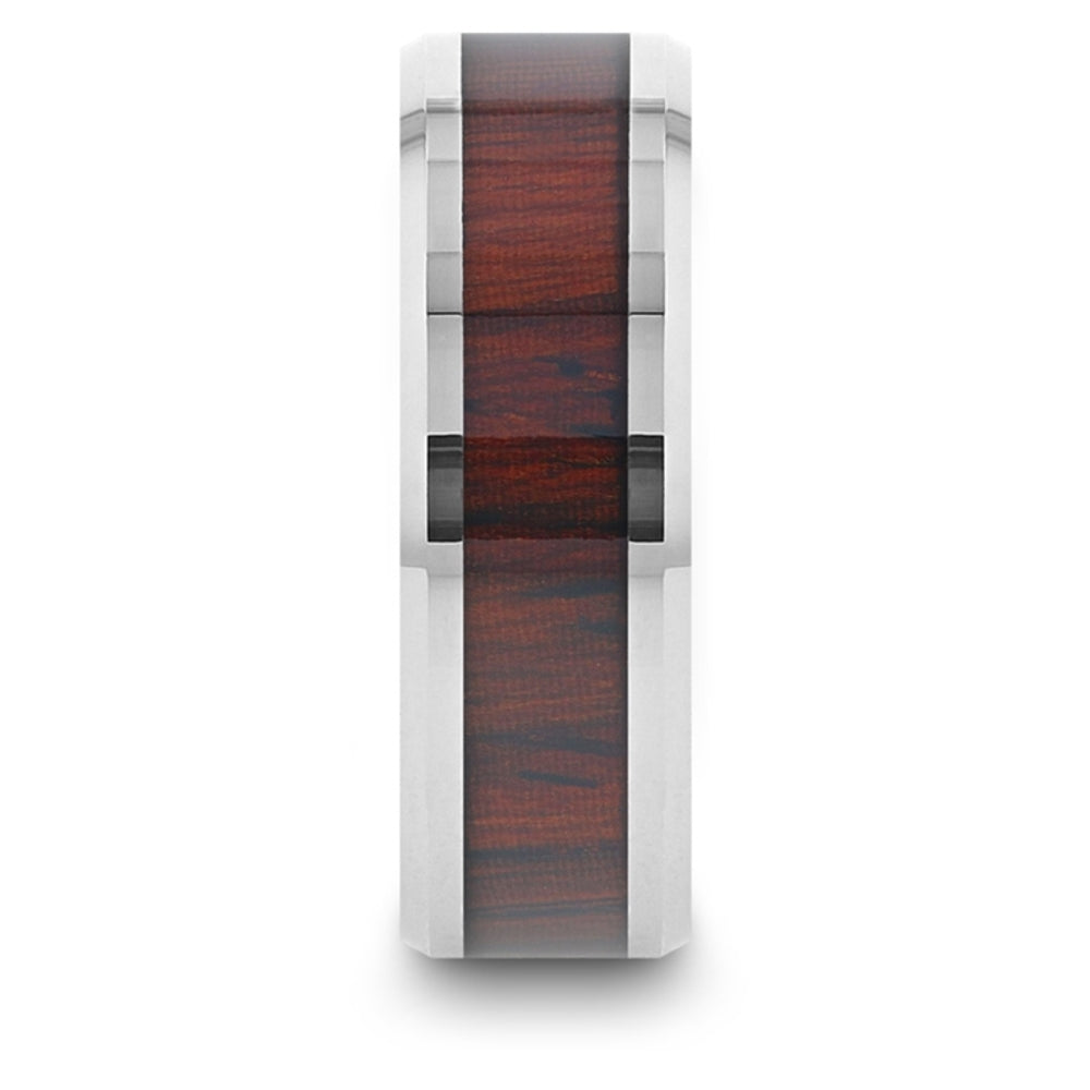 Mens Comfort Fit -Tungsten Carbide Wedding Ring - Rich Cocobolo Inlay Polished Beveled Edges - 8mm Wide - Style name: PRESLEY