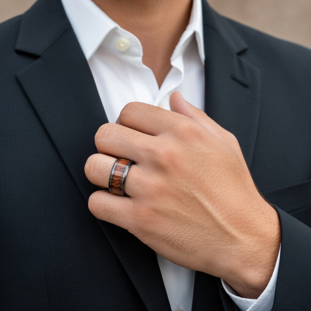 Mens Comfort Fit -Beveled Black Ceramic Ring - Cocobolo Wood Inlay - 8mm Wide - Style name: KAI