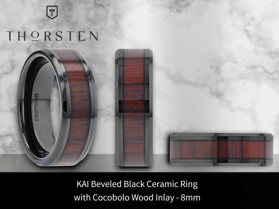 Mens Comfort Fit -Beveled Black Ceramic Ring - Cocobolo Wood Inlay - 8mm Wide - Style name: KAI