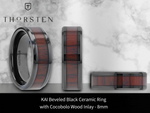 Load image into Gallery viewer, Mens Comfort Fit -Beveled Black Ceramic Ring - Cocobolo Wood Inlay - 8mm Wide - Style name: KAI
