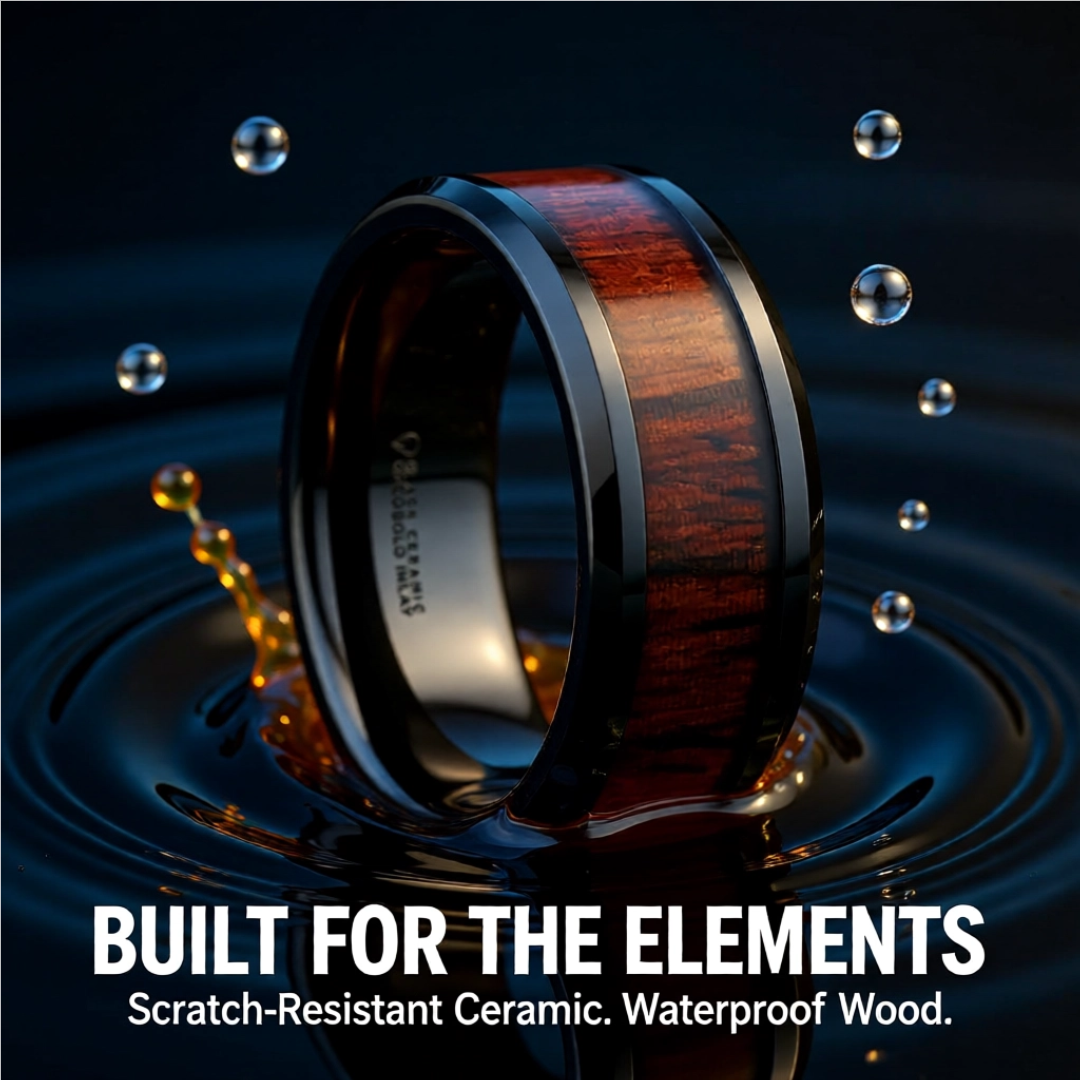 Mens Comfort Fit -Beveled Black Ceramic Ring - Cocobolo Wood Inlay - 8mm Wide - Style name: KAI
