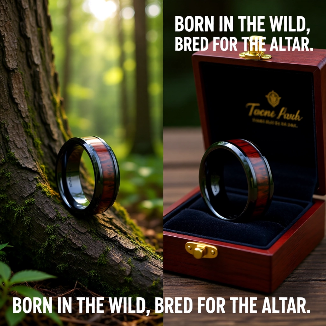 Mens Comfort Fit -Beveled Black Ceramic Ring - Cocobolo Wood Inlay - 8mm Wide - Style name: KAI
