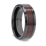 Load image into Gallery viewer, Mens Comfort Fit -Beveled Black Ceramic Ring - Cocobolo Wood Inlay - 8mm Wide - Style name: KAI
