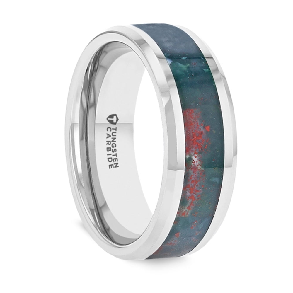Mens Comfort Fit -Bloodstone Inlay Tungsten Carbide Ring - Polished Beveled Edges - 8mm Wide - Style name: MICAH - Lifetime Warranty - Size: 5