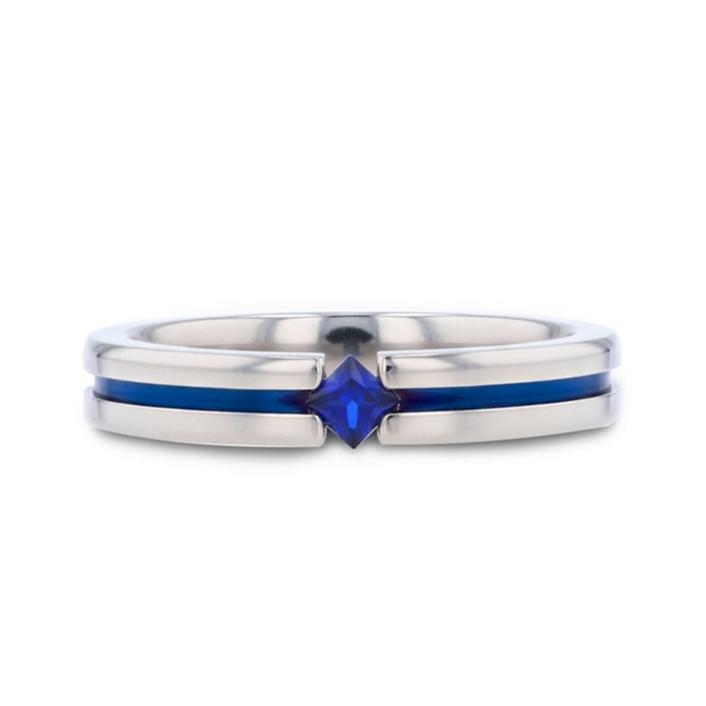 Mens Comfort Fit -Tension Set Blue Sapphire Polished Titanium Band - Blue Strip - 4mm Wide - Style name: NYMERIA