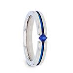 Load image into Gallery viewer, Mens Comfort Fit -Tension Set Blue Sapphire Polished Titanium Band - Blue Strip - 4mm Wide - Style name: NYMERIA
