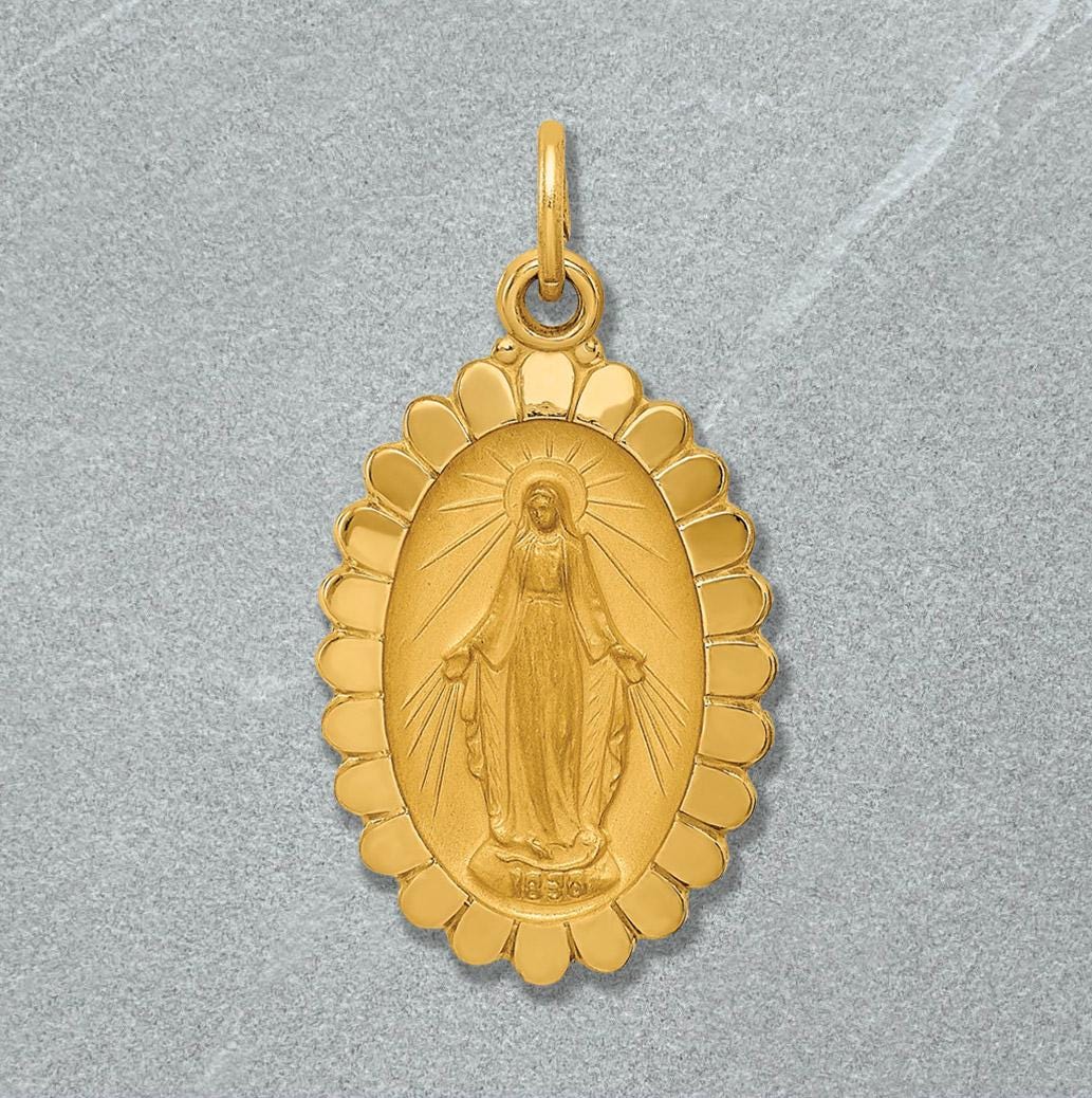 Miraculous Medal Oval Scallop Edge Solid 14K Yellow Gold in 2 Sizes - with Necklace Chain Options
