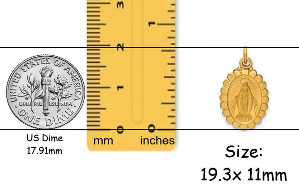 Miraculous Medal Oval Scallop Edge Solid 14K Yellow Gold in 2 Sizes - with Necklace Chain Options