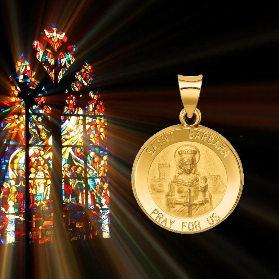 St. Barbara Round Medal Pendant made in 14K Gold in 2 sizes - with Chain Options