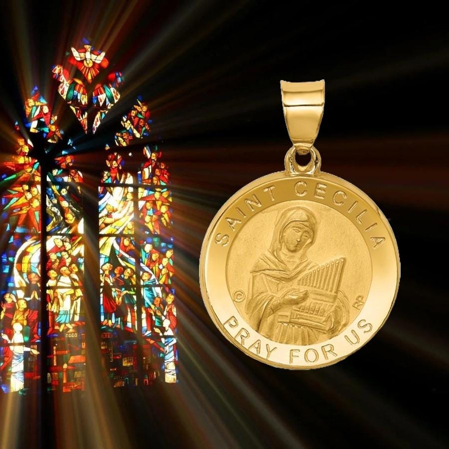 St. Cecilia Round Medal Pendant made in 14K Gold - with Chain Options