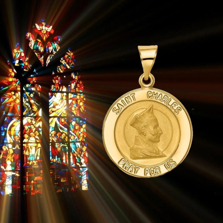 St. Charles Round Medal Pendant made in 14K Gold with Chain Necklace Options