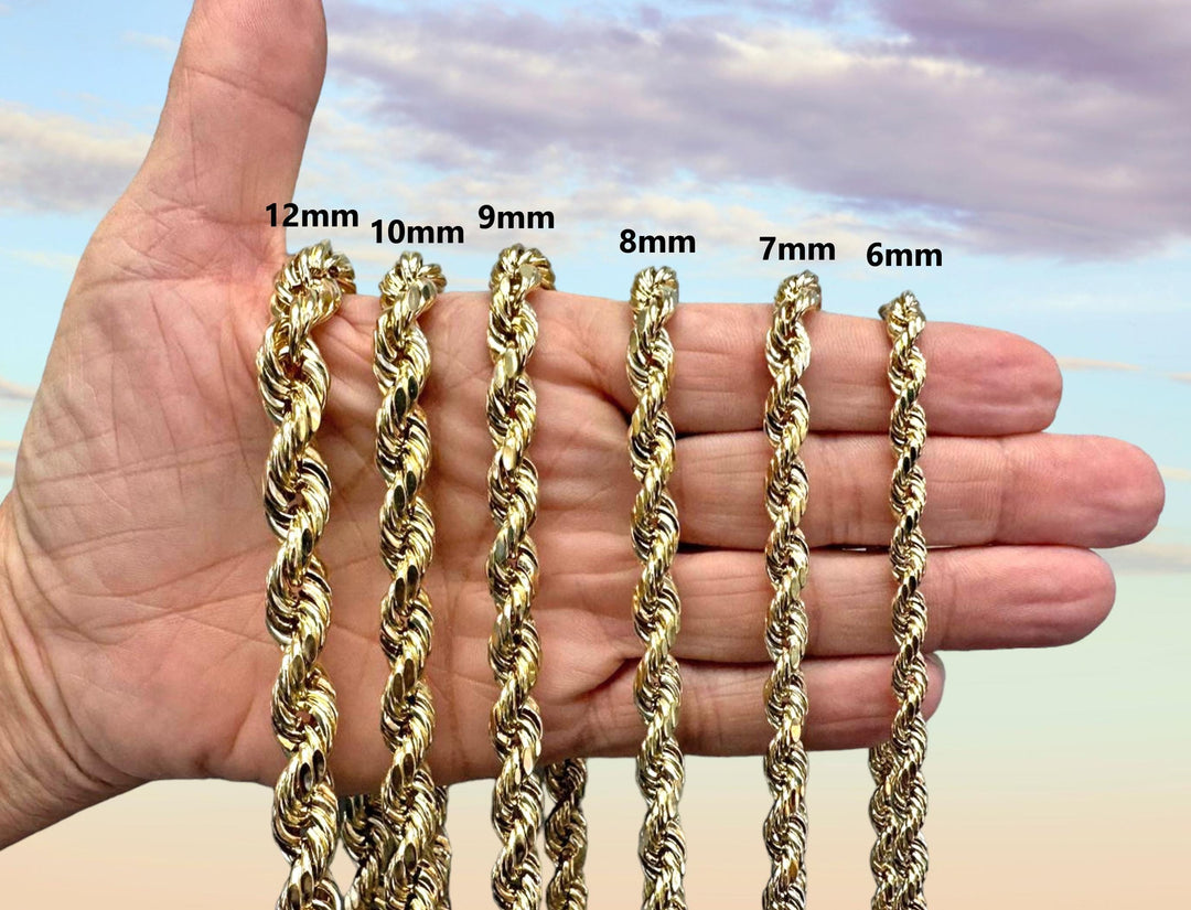 10K Gold Rope Chain Necklace and Bracelets Diamond-cut Design 1mm 2mm 3mm 4mm 5mm 6mm 7mm 8mm 9mm 10mm 12mm Men Women made in 10K Solid Gold
