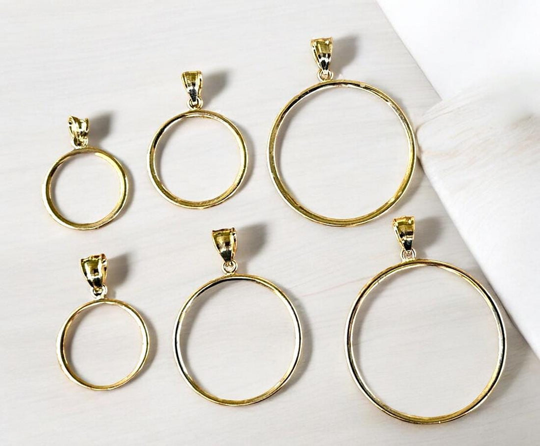 14K Gold Coin Bezel Necklace Pendant Frame - Plain Polished Prong back in Sizes 13mm up to 39.75mm