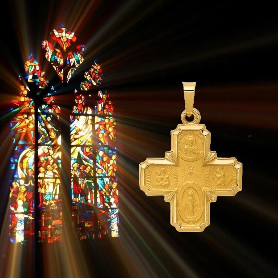Four Way Catholic Medal Pendant 4-Way in Solid 14K Yellow or White Gold - I Am a Catholic - Please Call a Priest inscription