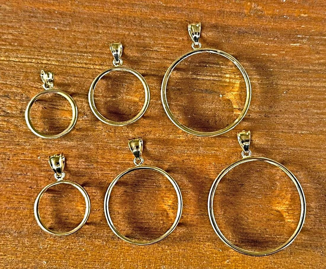 14K Gold Coin Bezel Necklace Pendant Frame - Plain Polished Prong back in Sizes 13mm up to 39.75mm